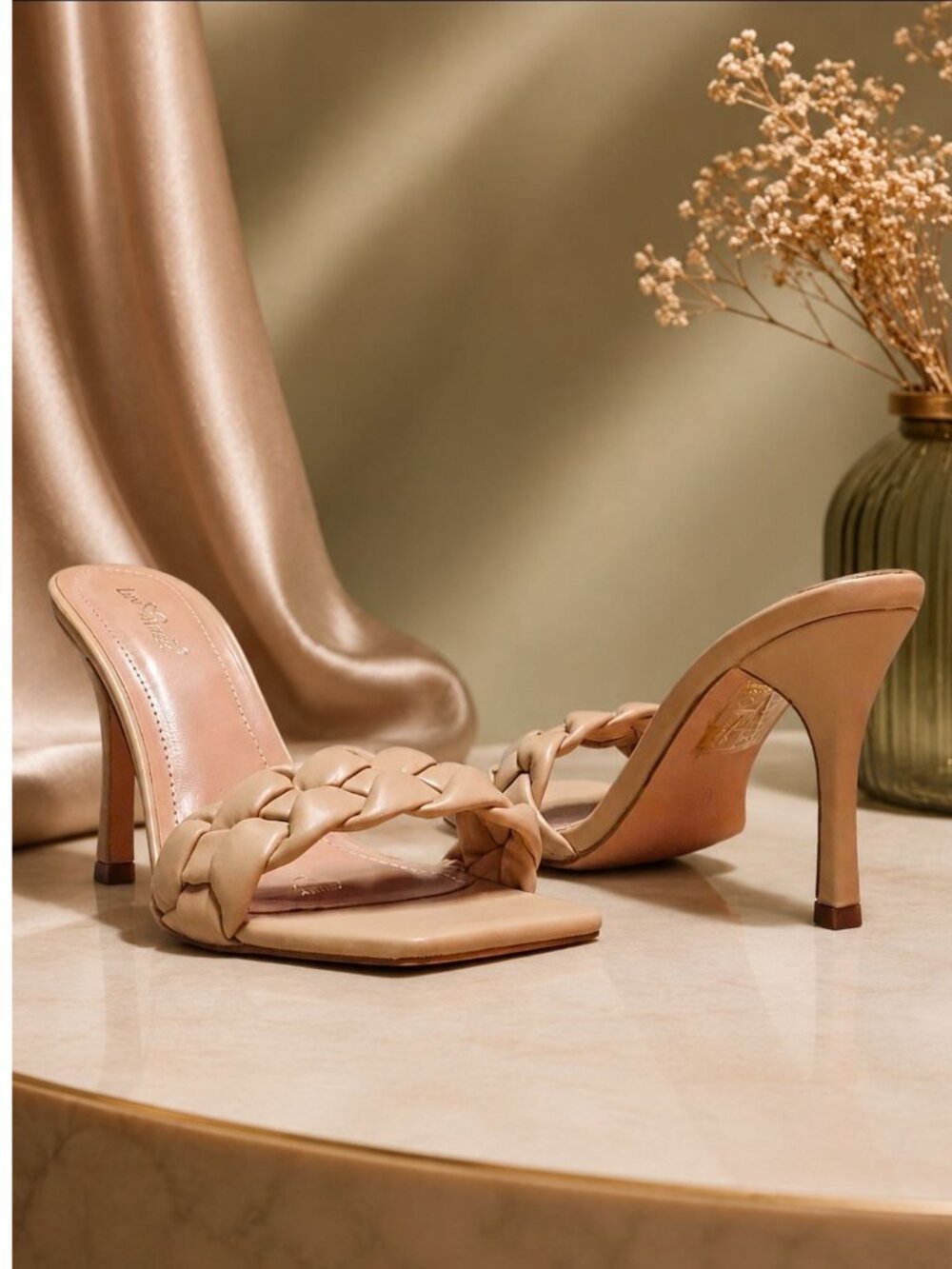 Braided Strap Square-Toe High-Heel Sandals In Nude